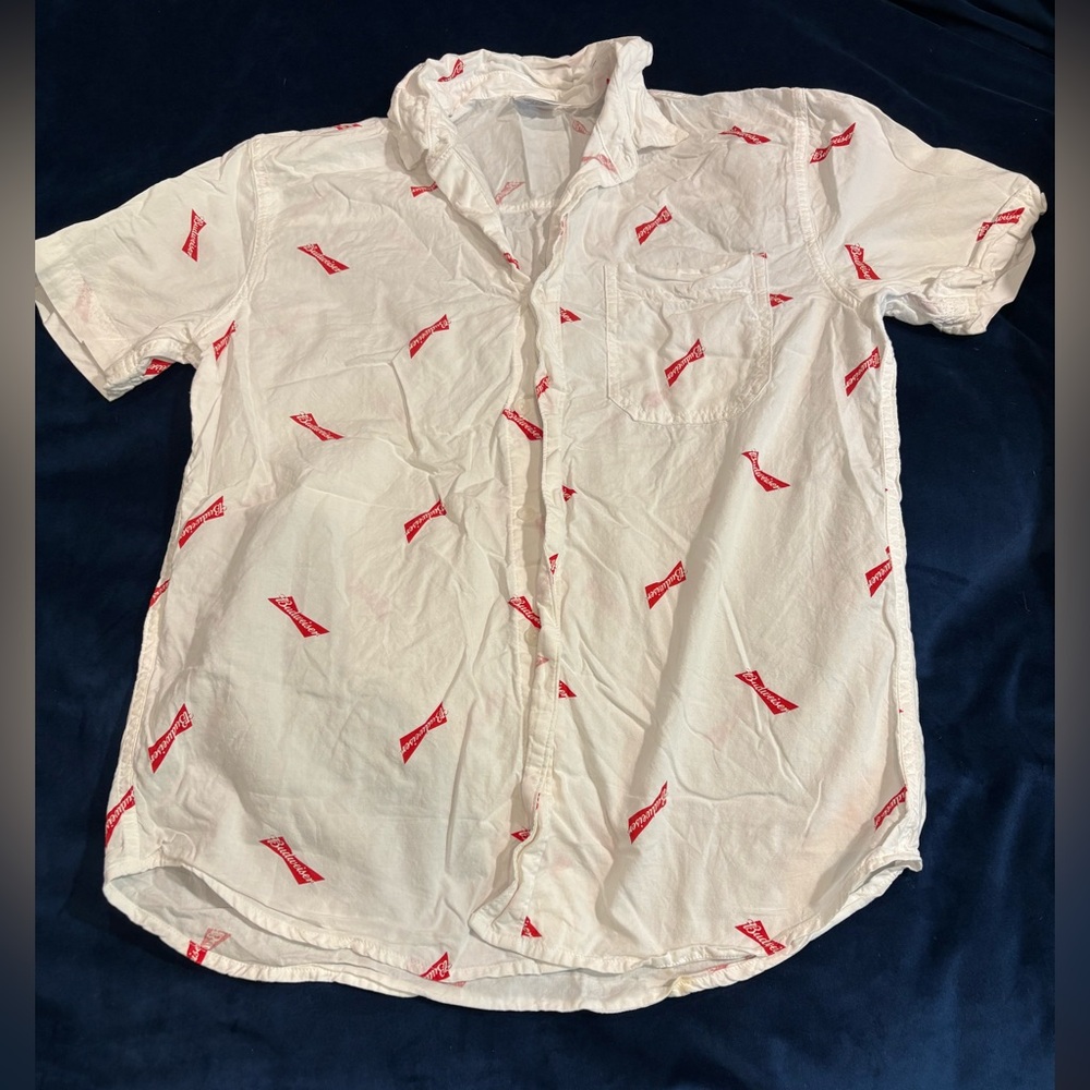 Budweiser White and Red Casual Button Down Shirt